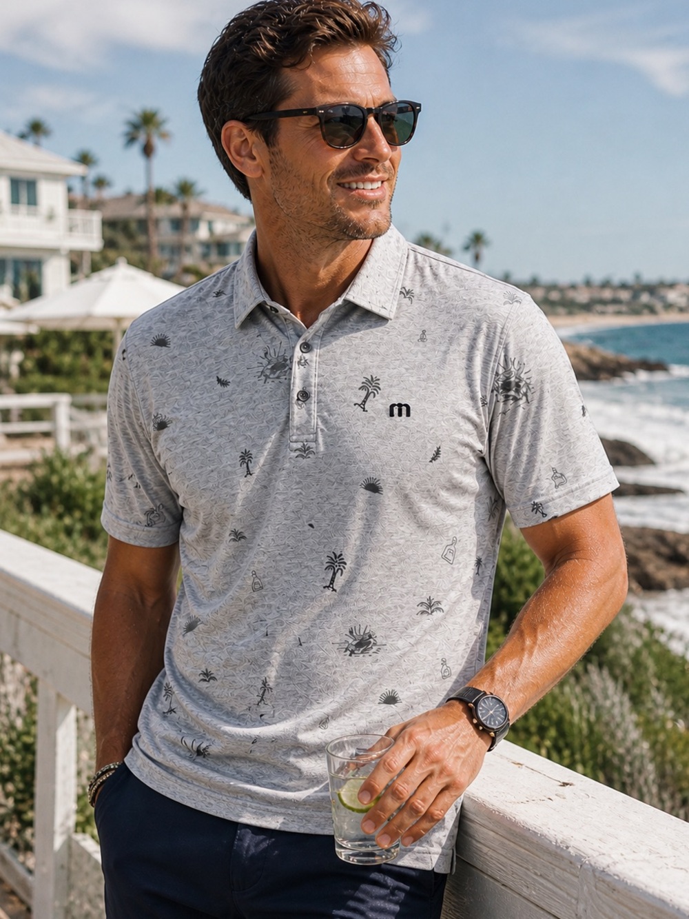 Travis Mathew Light Gray Palm Print Polo